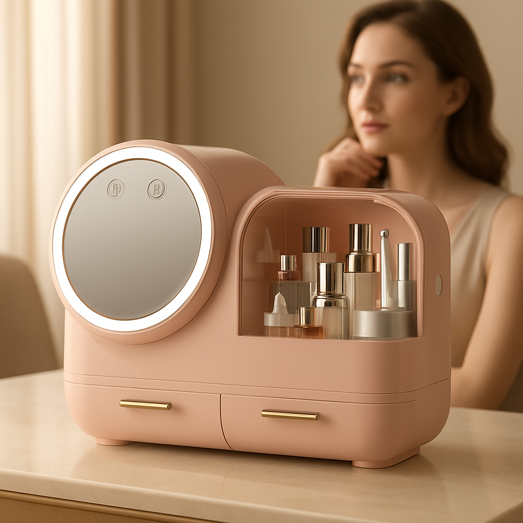 boite rangement maquillage rose avec miroir intégré 