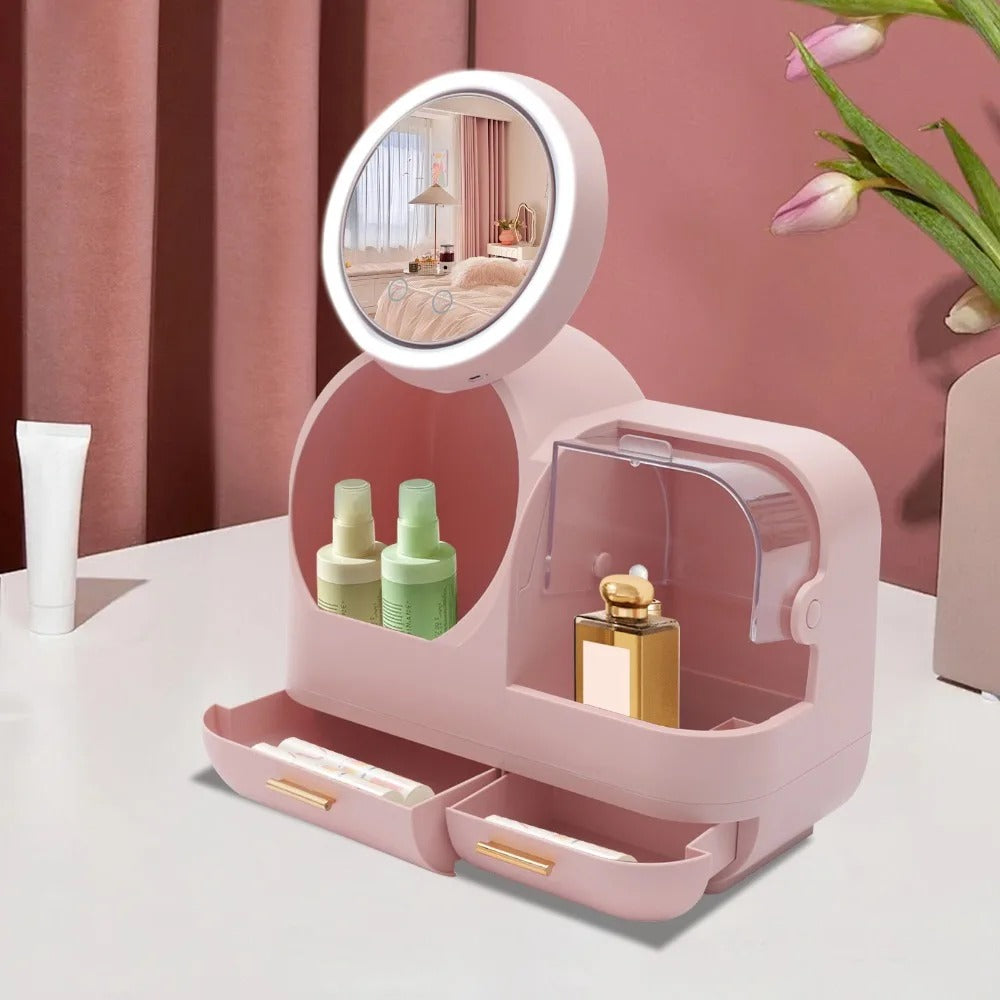 boite rangement maquillage rose dans salle de bain