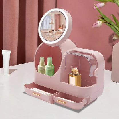 boite rangement maquillage rose dans salle de bain