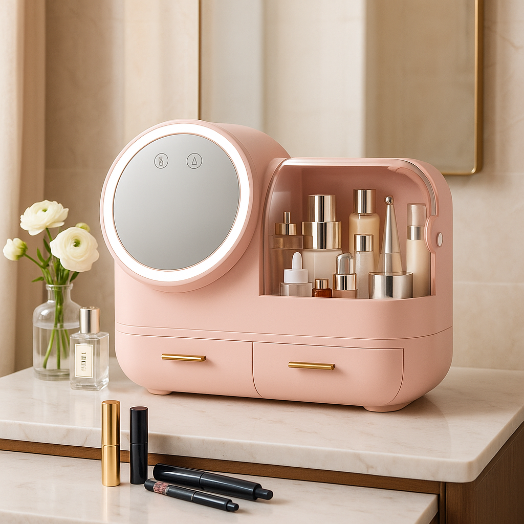 boite rangement maquillage rose devant coiffeuse 