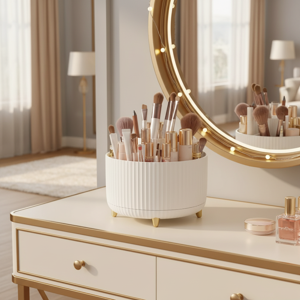 organisateur maquillage rotatif 360° blanc - rangement pinceaux et cosmétiques