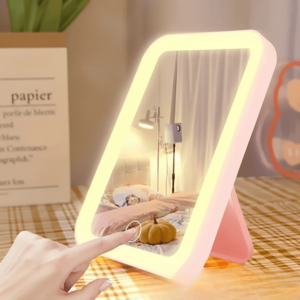 miroir de maquillage led rose avec éclairage lumineux netface