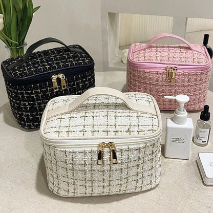 Trousse maquillage tricot blanc et rose – pochette cosmétique tendance